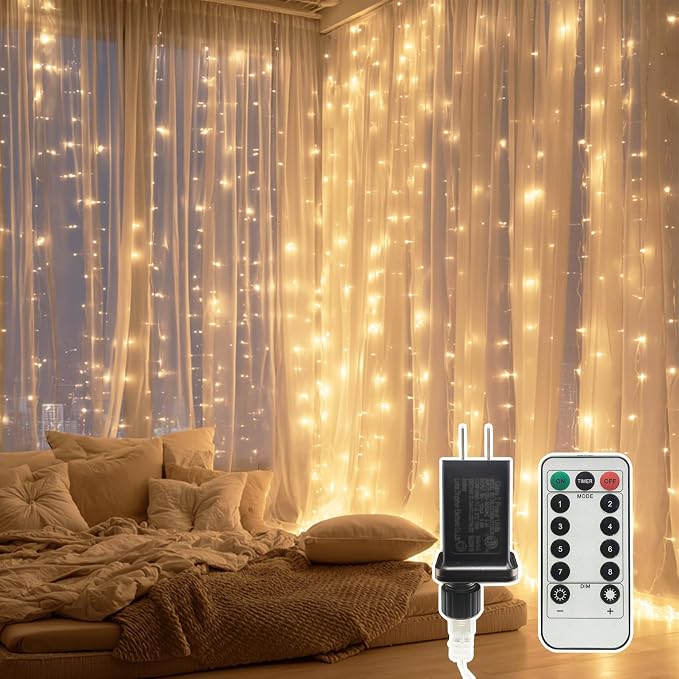 9.8x9.8Ft Curtain String Lights Plug in, 300 Warm White LED Curtain Lights with Remote,Timer,Memory,Waterproof Clear Wire for Indoor Outdoor Bedroom Window Decor