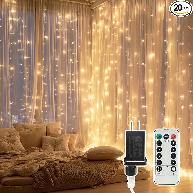 9.8x19.6Ft Curtain String Lights Plug in,600 Warm White LED Curtain Lights with Remote,Timer,Memory,Waterproof Clear Wire for Indoor Outdoor Bedroom Window Decor