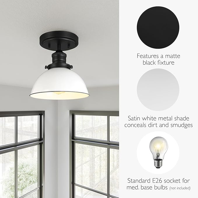 Design House Savannah Rustic Farmhouse Ceiling Light, Semi-Flush Mount, Dimmable, White Metal Shade, Matte Black, 8 in x 8 in x 9 in, 588319