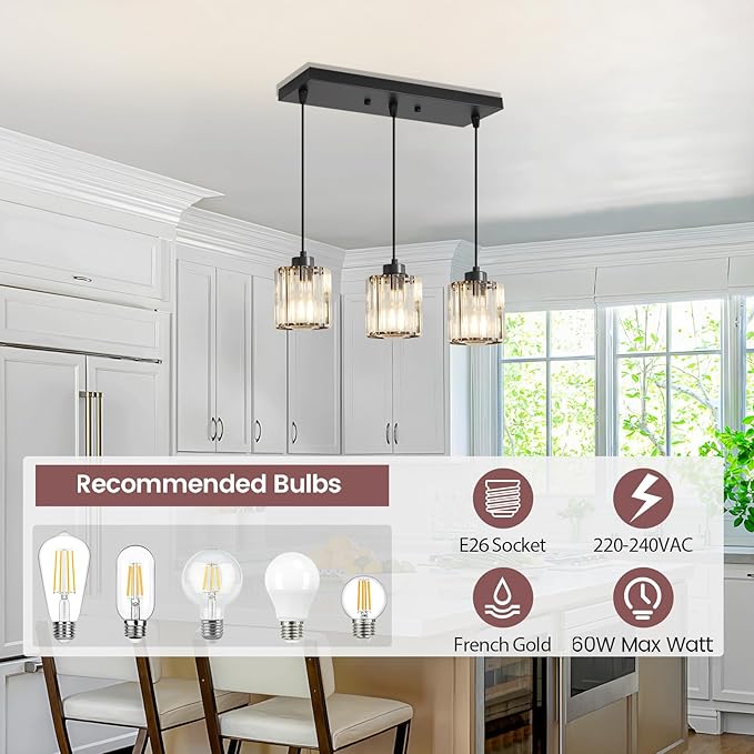 3 Light Pendant Lighting for Kitchen Island, Black Hanging Light Fixture for Ceiling, Farmhouse Dining Room Lights for Bedroom, Hallway, Modern Glass Chandelier, E26 Base, Bulbs Not Included