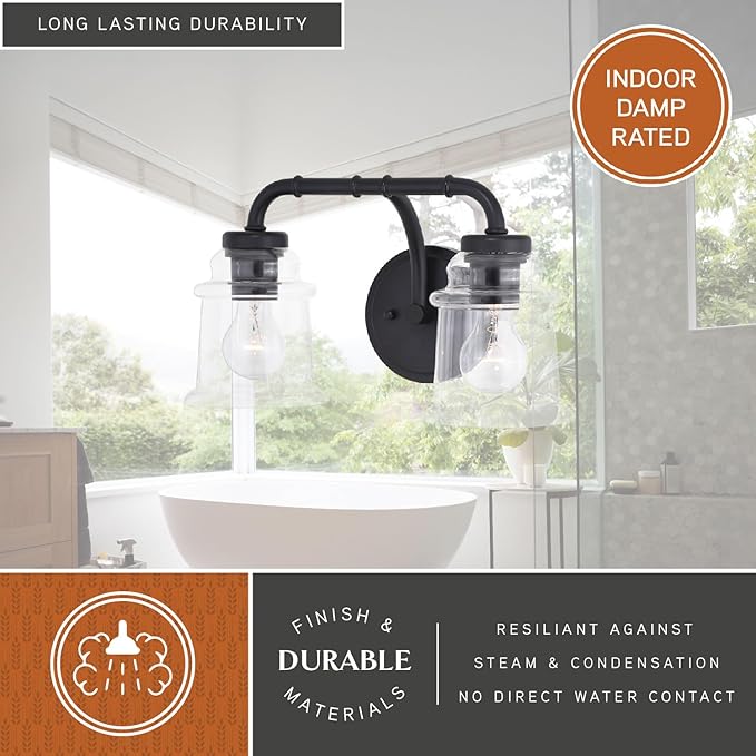 VAXCEL Toledo 2-Light 14.75 inch Wide Matte Black Industrial Bathroom Vanity Lighting Fixture, Clear Glass Shade, Dimmable, LED Compatible, Over The Mirror Mounted Steel Wall Sconce