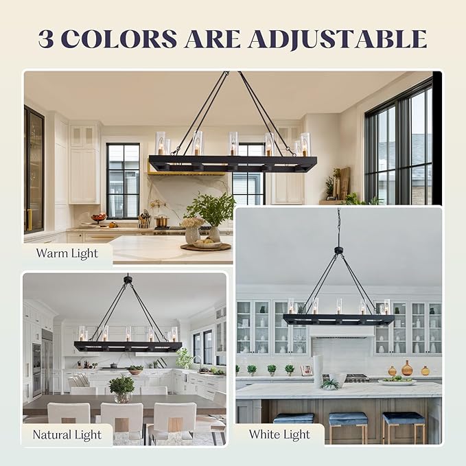 35.4" Farmhouse Rectangle Chandelier for Dining Room, 10-Light Black Hanging Fixture with 59" Adjustable Wires, Rustic Kitchen Island Ceiling Light