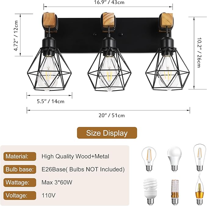 Farmhouse Vanity Light for Bathroom, 3-Light Wood Bathroom Vanity Light Fixtures Over Mirror, Rustic Sconces Wall Lighting with Metal Lampshade for Living Room, Bedroom, Hallway
