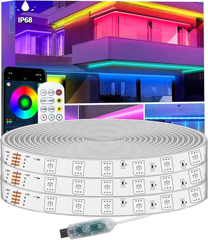 50FT LED Strip Lights IP68 Outdoor Waterproof, 5V USB Powered, Music Sync Bluetooth APP/RF Remote Control Lights for Balcony,Deck,Camping,Garden,Bedroom Decor