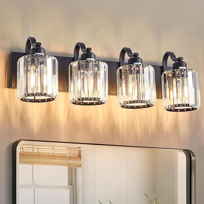 Black 4 Light Fixtures Bathroom Vanity Light Crystal Modern Vanity Over Mirror for Bathroom with Crystal Round Shade (Exclude Bulb)
