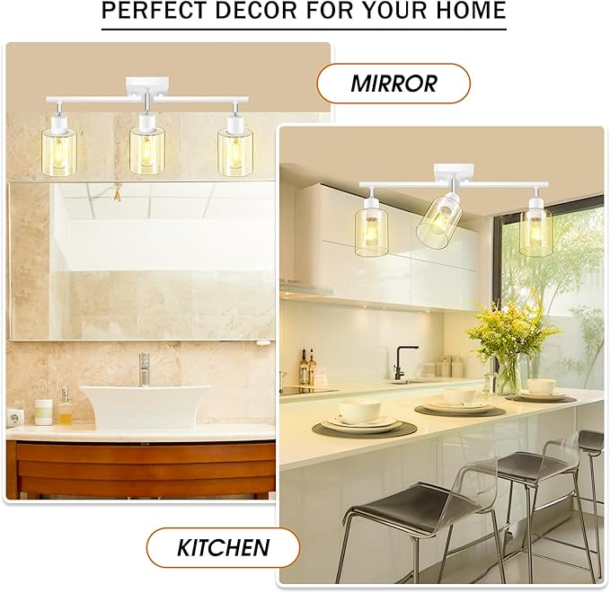 Track Lighting Kit, Track Lighting Fixtures Ceiling Kitchen, 23" White 3-Light Ceiling Spotlight with Clear Glass Shade, Rotatable Track Head, White Wall Lamp for Island, Vanity(E26 Base, No Bulb)
