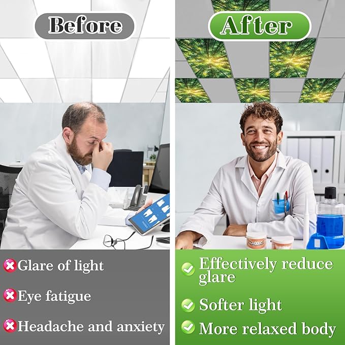 Fluorescent Light Covers with 10 Strong Magnets - 6 Pack Magnetic Light Covers Filter for Ceiling Lights Classroom Office Hospital to Eliminate Harsh Glare, Flame Retardant Fabric, 4 x 2 FT, Forest