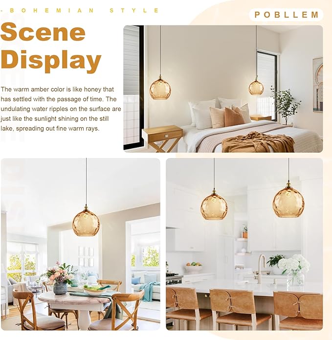 Vintage Amber Pendant Lighting, 13.8" Large Glass Pendant Light with Hammered Globe Shade, Modern Farmhouse Black and Gold Pendant Hanging Light Fixture for Kitchen Island Dining Room Bedroom