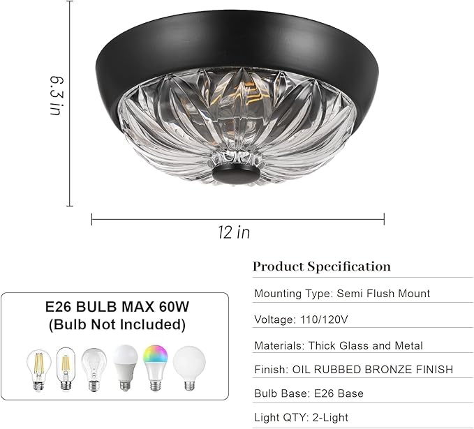 Black Semi Flush Mount Ceiling Light, 2-Light Modern Farmhouse Close to Ceiling Light Fixture, Aluminum Glass Indoor Outdoor Ceiling Lamp for Bedroom Kitchen Hallway