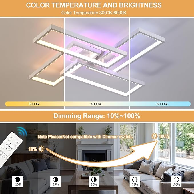 Modern LED Ceiling Lights for Bedroom,50W Led Flush Mount Ceiling Lamp,Dimmable Square Ceiling Light Fixture with Remote Control for Living Room,Kitchen,Balcony,White,3000-6000K