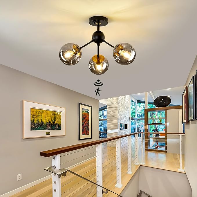 SZXYKEJI Motion Sensor Light Indoor 3-Light Vintage Semi Flush Mount Ceiling Light Fixture with Glass Globe Black Chandelier for Closet Hallway Stairway Porch Entryway