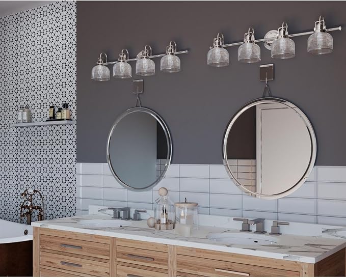 Progress Lighting 4-Light Clear Double Prismatic Glass Coastal Bath Vanity Light, Archie Collection, Indoor, P2997-15, Polished Chrome