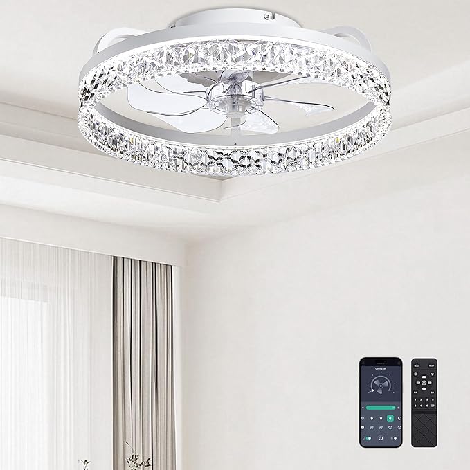 Ceiling Fans with Lights and Remote Fandelier - 20'' Flush Mount White Ceiling Fans Low Profile Modern for Bedroom - Stepless Color Temperature and 6 Speeds