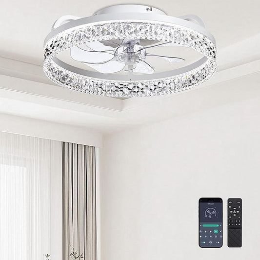 Ceiling Fans with Lights and Remote Fandelier - 20'' Flush Mount White Ceiling Fans Low Profile Modern for Bedroom - Stepless Color Temperature and 6 Speeds