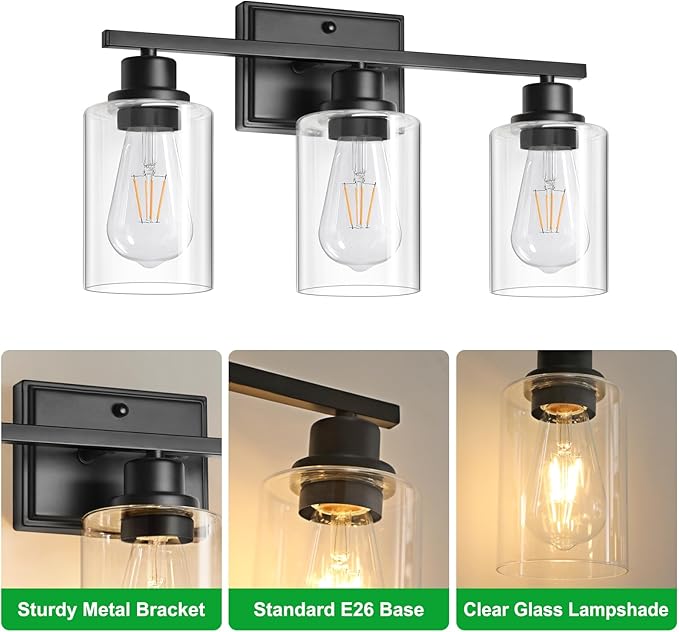 Unicozin 3 Light Bathroom Light Fixtures, Modern Vanity Lights Over Mirror, Black Wall Lamp with Clear Glass for Living Room Cabinet Bedroom Porch