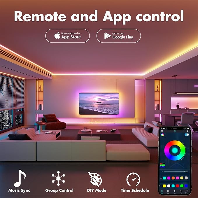 Led Lights for Bedroom 130FT Smart IC+RGB, Music Sync Color Changing Strip Lights, 24Key Remote+App Control Light Strip for BedHead,Underbed,Ceiling,Background Wall(2Rolls of 65.6FT)