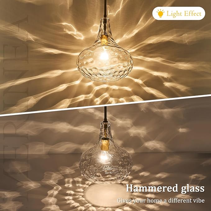 11" Hand-Blown Clear Glass Pendant Light with Hammered Texture, Gold Finish Adjustable Hanging Light Fixture for Kitchen Island, Dining Room, Hallway, Living Room