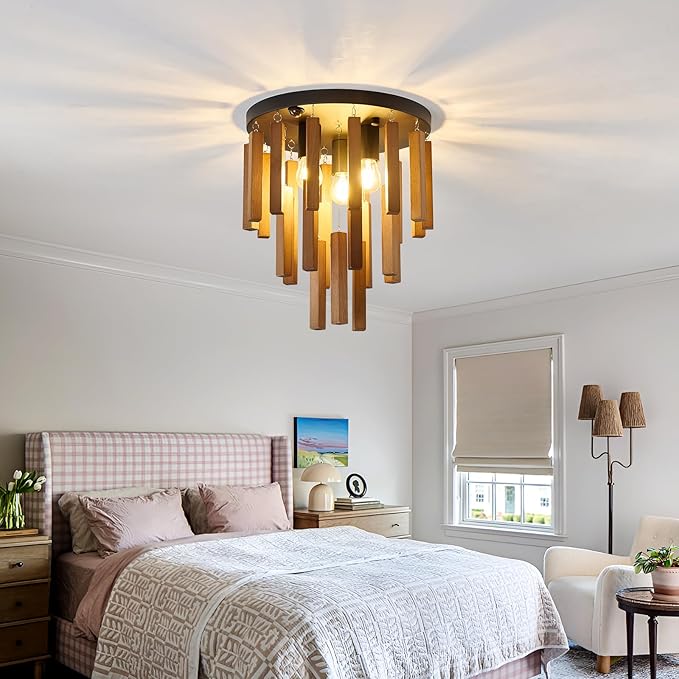 Motion Sensor Semi Flush Mount Ceiling Lights Boho Wood Light Fixture 3-Light Farmhouse Chandelier Oak and Black Ceiling Lighting with E26 for Kitchen Living Room Entryway Bedroom Dining Room