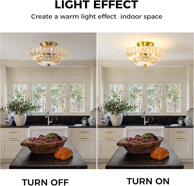 Semi Flush Mount Ceiling Light Fixture Vinatge Gold Ceiling Lights Mid Century Modern Glass Close to Ceiling Lighting Fixtures for Bedroom Hallway Foyer Bathroom Kitchen Laundry Room Nursery