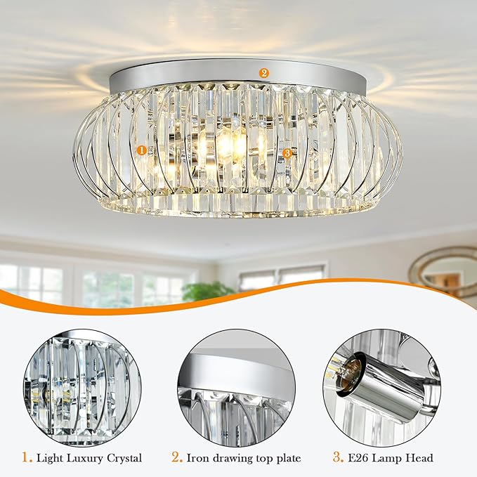 YYJLX 3 Light Flush Mount Ceiling Light Fixtures Modern Crystal Chandelier Chrome Chandelier for Hallway Bedroom Bathroom Foyer Entryway Laundry Room Kitchen.
