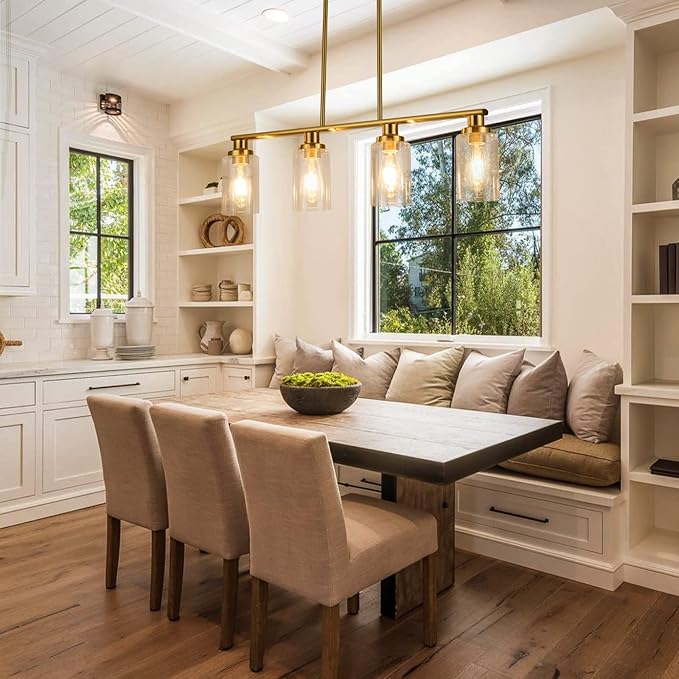 Kitchen Island Lighting, 4-Light Dining Room Light Fixtures Over Table,Gold Linear Chandelier for Dining Room Hanging,Pendant Lights Kitchen Island with Clear Glass Shade
