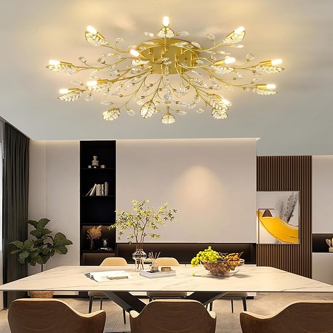Crystal Ceiling Light Fixture Gold Leaves Semi Flush Mount Ceiling Lights,Kitchen Lighting Fixtures Ceiling for Bedroom Living Room Dining Room Hallway