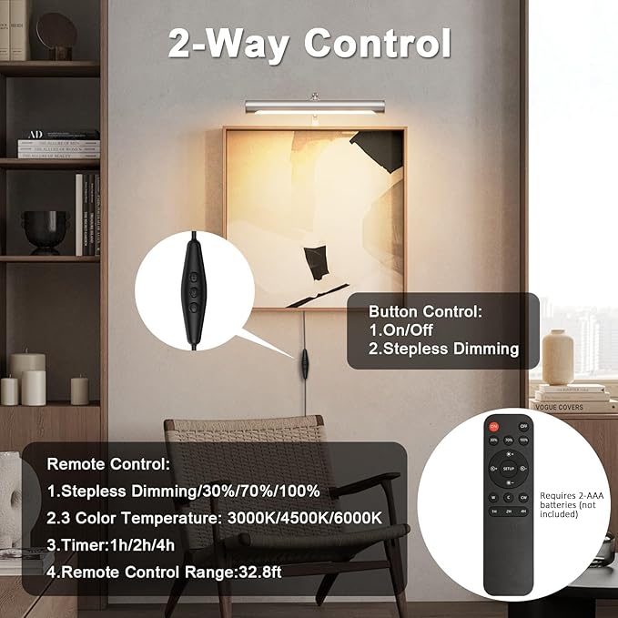 4W Picture Light Plug in, 12" Adjustable LED Art Light with Remote Control, Dimmable Wall Light for Picture Display Dartboard Art Work (Nickel)