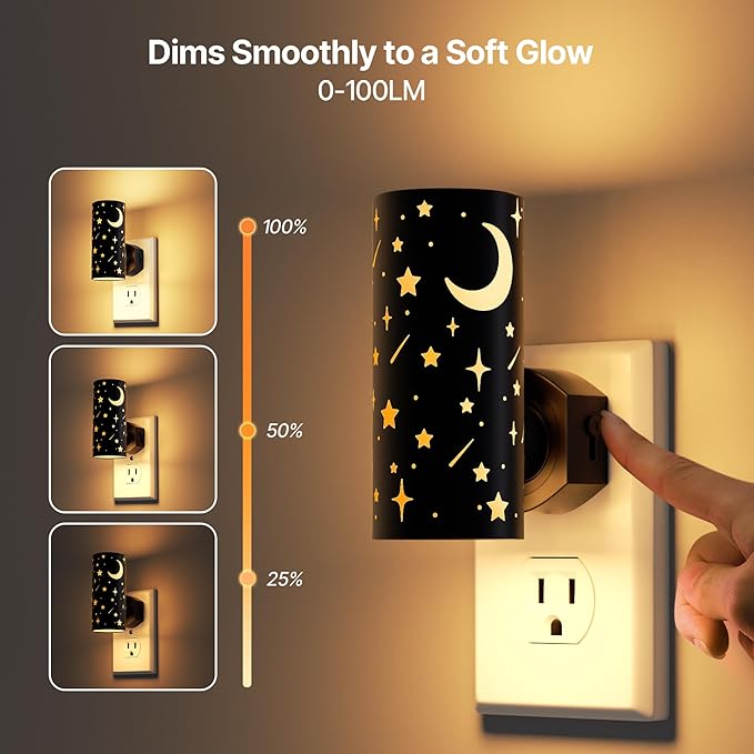 LED Night Lights Plug into Wall, 2-Pack 3000K Bright Plug in Nightlight, Dusk-to-Dawn Sensor, Dimmable 0-100LM, Auto-On/Off, Home Decor for Kids Room, Bathroom, Hallway, Bedroom, Black Stars