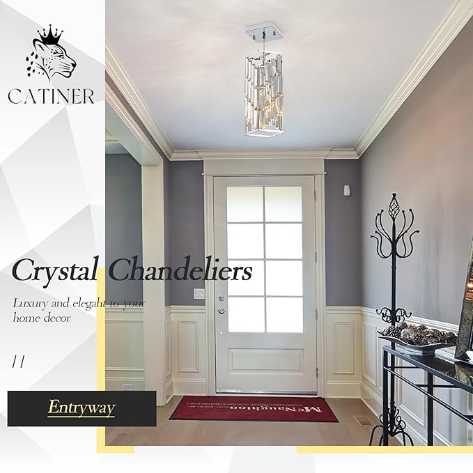 CATINER Chrome Crystal Pendant Light, Mini Hanging Pendant Lighting Fixture with Adjustable Cord, Modern Silver Pendant Light for Kitchen Island, Dining Room, Bedroom, Hallway, E26 Base (1 Pack)