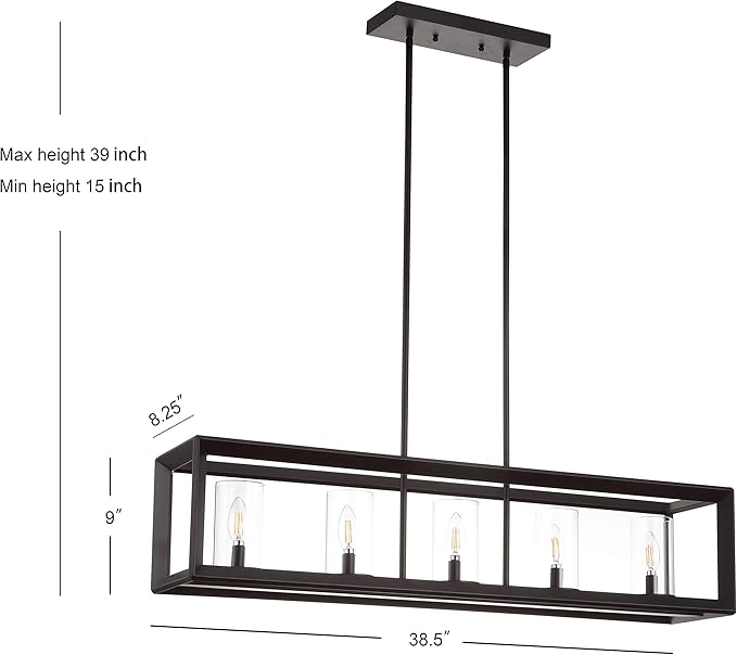 JONATHAN Y 38.5" Oil Rubbed Bronze Linear 5-Light LED Chandelier, Adjustable Clear Glass Shades Modern Pendant Light Fixture for Kitchen Island, Dining Room, ETL Listed JYL7414A