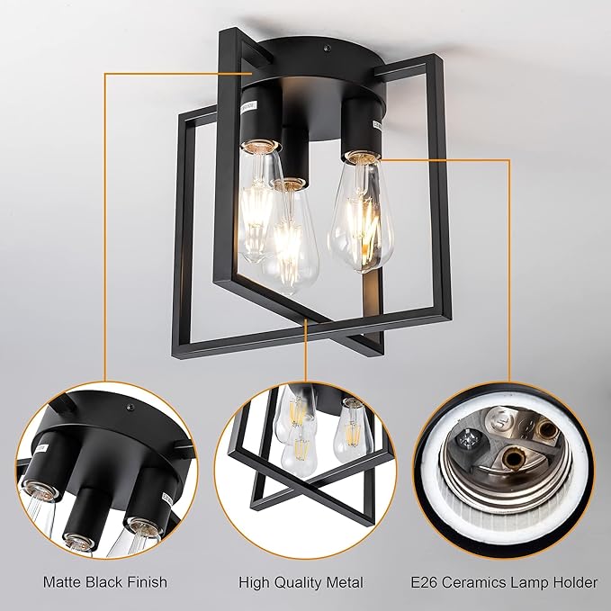 3-Lights Black Ceiling Light, Farmhouse Industrial Matte Kitchen Lighting Fixtures Ceiling for Hallway, Bedroom, Bathroom, Entryway(No E26 Bulbs)