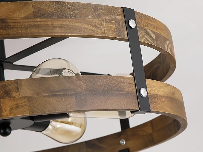 6-Light Large Rustic Farmhouse Wood Flush Mount Ceiling Light Fixture 20 inch Oak Wood and Metal Round Drum Semi Flush Mount Ceiling Light for Hallway Entry Farmhouse Bedroom Living Room, Black