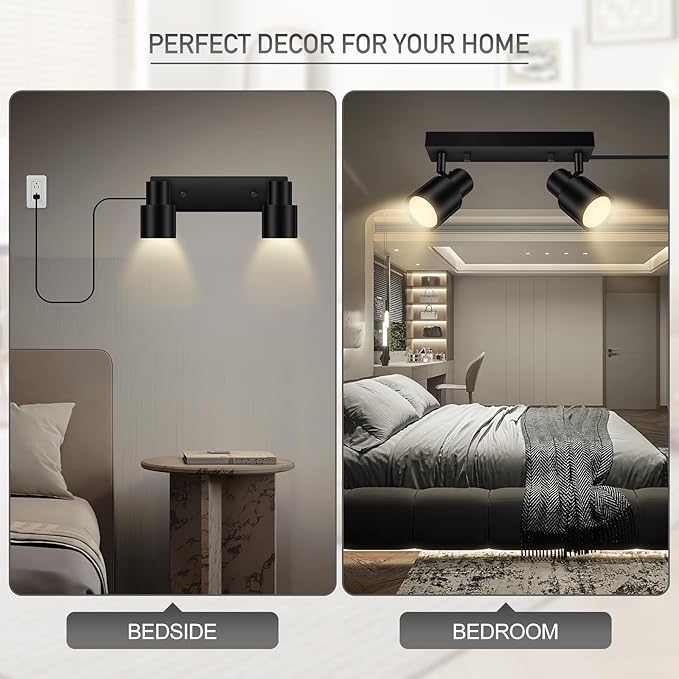 Plug in Track Lighting Fixtures Ceiling, Black Track Light LED, 2-Light Plug in Wall Lights with Cord, 2 Way Ceiling Spotlight, Rocker Switch, Rotatable Spotlight for Bedroom, Bulb Not Included