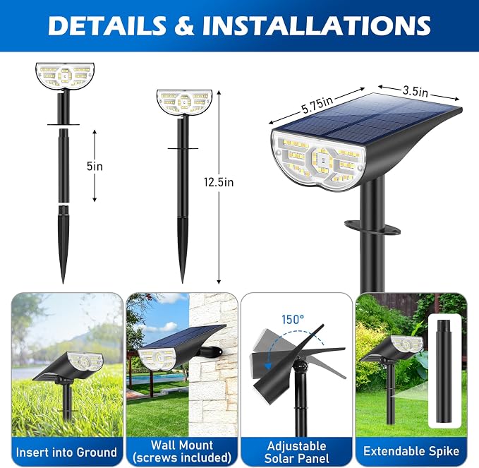 Solar Spot Lights Outdoor 5 Modes, 44LEDs Bright Landscape Spotlights Solar Powered 3 Colors Changing, IP67 Waterproof Auto On-Off Dusk Dawn Solar Outdoor Lighting for Yard Garden Outside Tree, 2-Pack