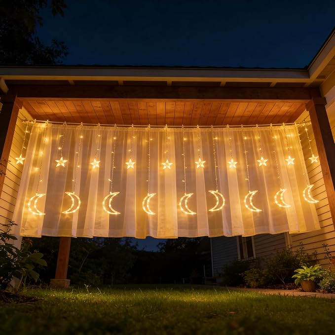 Dazzle Bright Ramadan Curtain String Lights, 138 LED 8.2 FT Warm White Star Moon Window Lights with Timer and 8 Lighting Modes, Waterproof Ramadan Decorations for Bedroom Wall Wedding Outdoor Party