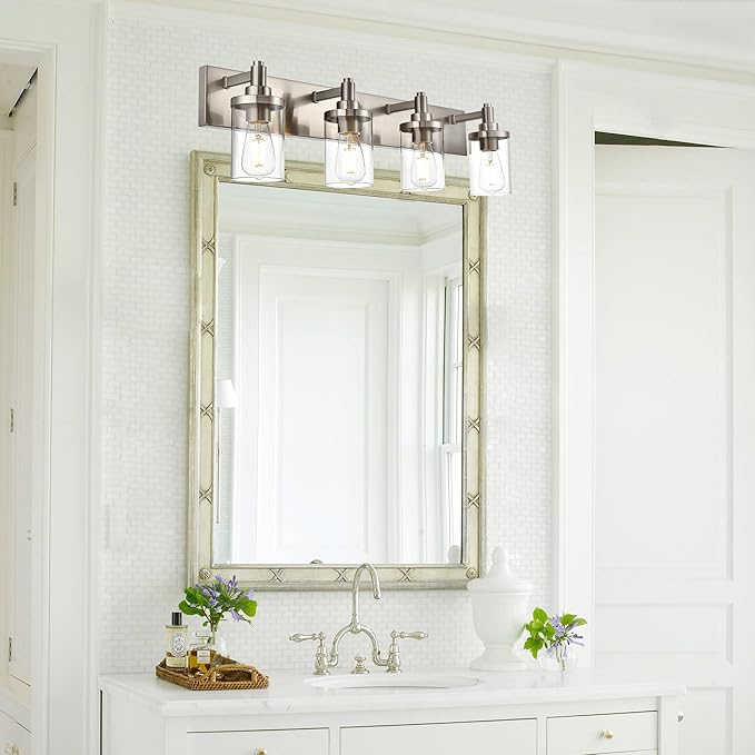 4-Light Bathroom Lighting Modern Brushed Nickel Vanity Light Fixture Over Mirror,E26 Base Industrial Wall Lamp with Clear Glass Shade Wall Sconce for Bathroom,Hallway, Makeup Dressing Table