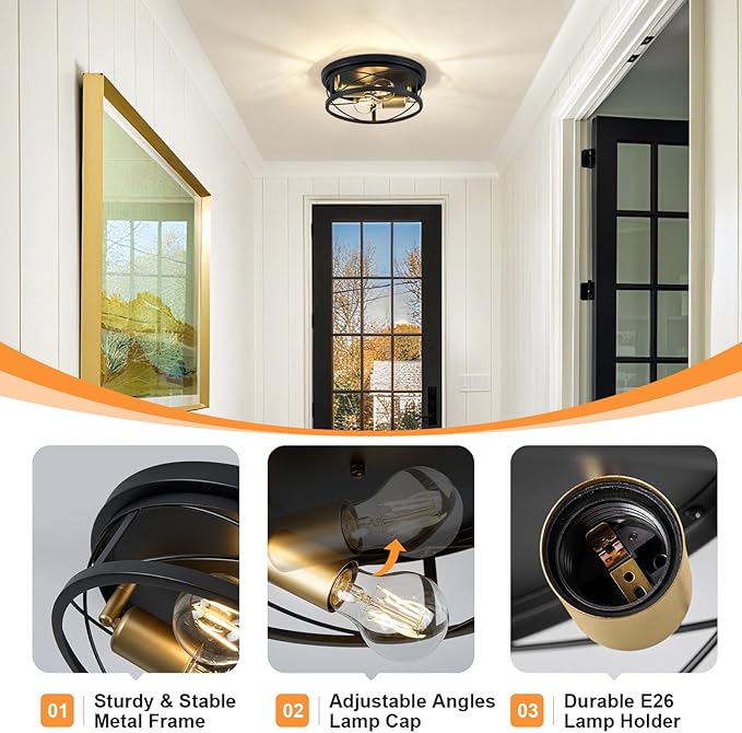 Farmhouse Lights,Black and Gold Industrial Flush Mount Ceiling Light, Ceiling Lamp Farmhouse Lighting Fixture for Hallway, Bedroom, Kitchen, Entrance, 2-Light