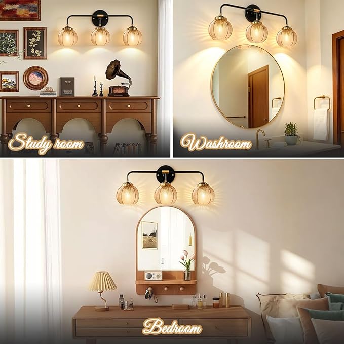 3 Light Glass Globe Wall Sconce Lights Amber Mid Century Modern Wall Light Fixtures Bathroom Vanity Lights with Ribbed Glass Shade Black Gold Wall Mount Lamp Over Mirror Bedroom