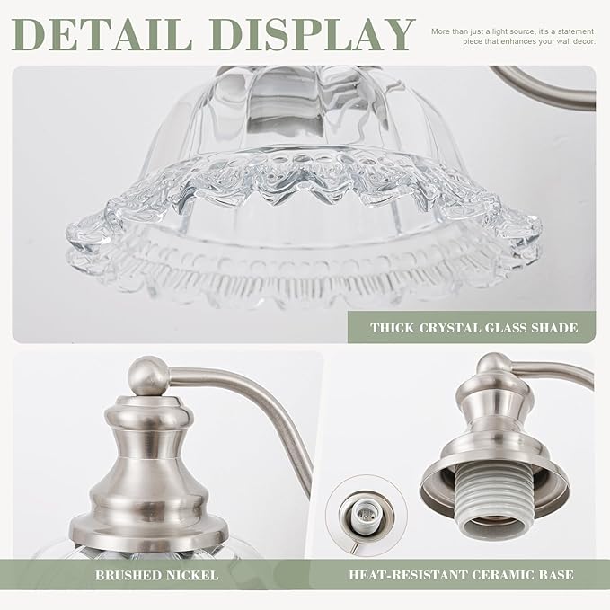 Brushed Nickel Bathroom Light Fixtures Over Mirror, 3 Light Vintage Bathroom Vanity Light Fixture with Clear Flower Glass Shades, Retro Vanity Lights for Bathroom, Bathroom Vanity Lights Over Mirror