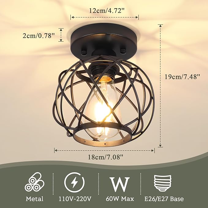 Hallway Light Fixtures Ceiling,Semi Flush Mount Ceiling Lights Fixtures Black Metal Cage Indoor Industrial Ceiling Lights Modern Crystal Ceiling Light Fixture for Porch Entryway Foyer Bathroom
