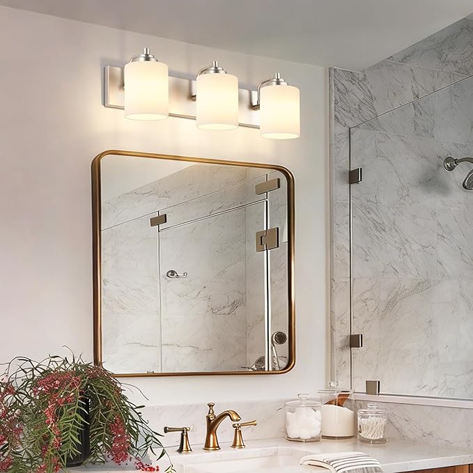 SOLFART Modern Brushed Nickel 3 Light Vanity Sconces for Bathroom, Milky Glass Globe Bathroom Light Fixtures, 3 Lights Over Mirror Wall Mount Lighting (Bulbs Not Included)