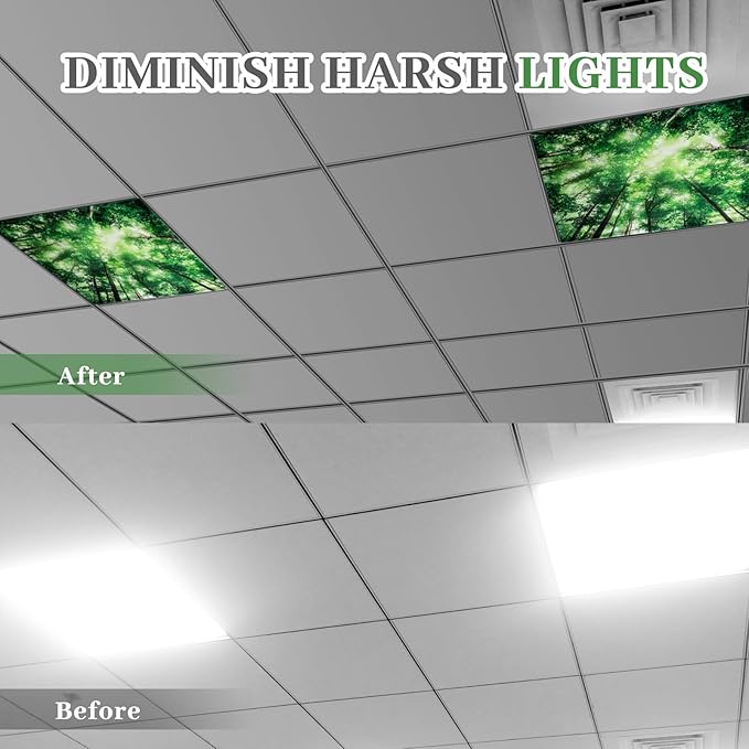 VIHOSE 4 Pcs 2 x 2 Feet Fluorescent Light Covers for Ceiling Lights Classroom Magnetic Light Filters for Reducing Harsh Glare Flicker for Office Classroom Home Drop Ceiling(Forest)