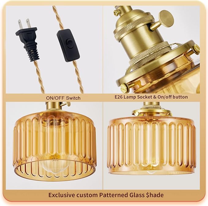 Plug in Pendant Light, Hanging Lights with Plug in Cord, Hanging Light Fixture with Clear Glass, E26 Pendant Lighting for Kitchen Island, Bedroom, Dining Room- Amber Color