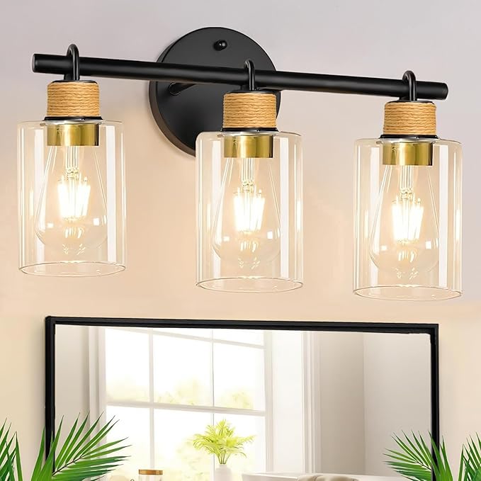 Bathroom Light Fixtures,3-Light Matte Black Vanity Light with Clear Glass Shade,Farmhouse Bathroom Lighting Fixtures Over Mirror,Wall Sconces for Bedroom Kitchen Cabinet Living Room Hallway