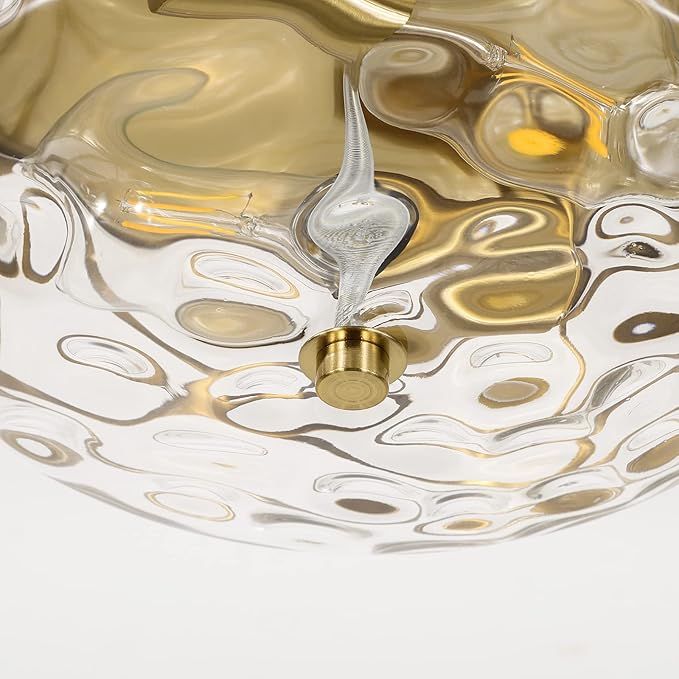 Krychiler 2-Light Flush Mount Ceiling Lights, 9.8 inch Foyer Lighting Fixtures with Ripple Glass Shade, Kitchen Lights Flush Ceiling Light Fixture for Bedroom, Island (Gold)