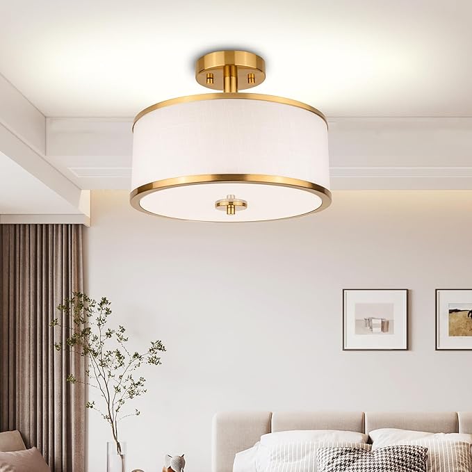 3-Light Semi Flush Mount Ceiling Light Fixture, 12.6" Gold Drum Light with White Fabric Shade, Modern Close to Ceiling Light for Living Room Bedroom Dining Room Kitchen Hallway Entry Foyer