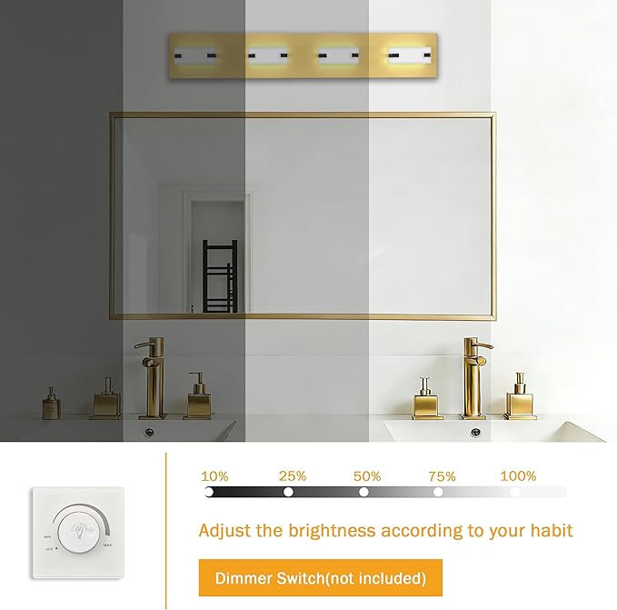LED Bathroom Light Fixtures, 4-Light Modern Vanity Lights with Milky White Frosted Acrylic Shades, Gold Bathroom Lighting Fixtures Over Mirror, ETL Listed, 27W 5CCT Adjustable