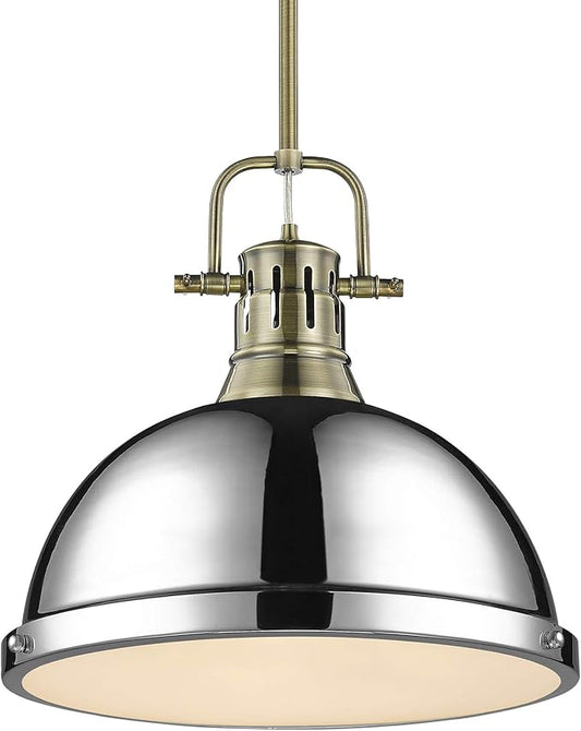 Golden Lighting 3604-L AB-CH Duncan Pendant, 14" L x 14" W x 14.625" H, Aged Brass with Chrome Shade