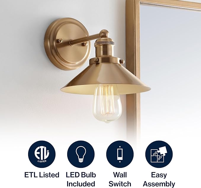 JONATHAN Y 7.8" Brass Gold 1-Light Industrial Farmhouse Metal Vanity Light Wall Sconce, Metal Shade for Bathroom Mirror, Kitchen, Entryway, LED Bulb Included (JYL7429A)