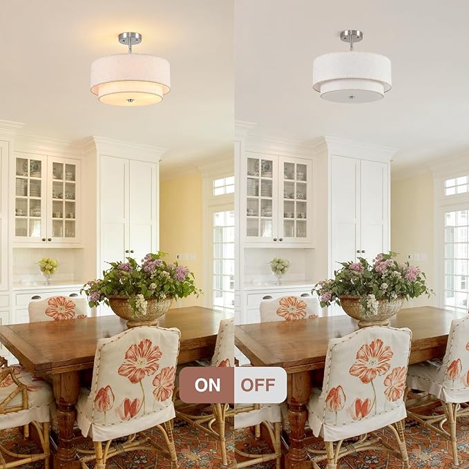 16" Semi Flush Mount Ceiling Light, Brushed Nickel 3 Light Double Drum Fabric Lampshade Lighting Fixtures for Living, Dining Room, Bedroom, Kitchen, Hallway (Canopy for Sloped/Flat Ceiling)